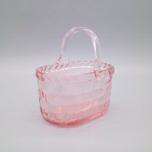Vintage Depression Glass Style Woven Glass Basket w/ Handle | Pink Art Glass